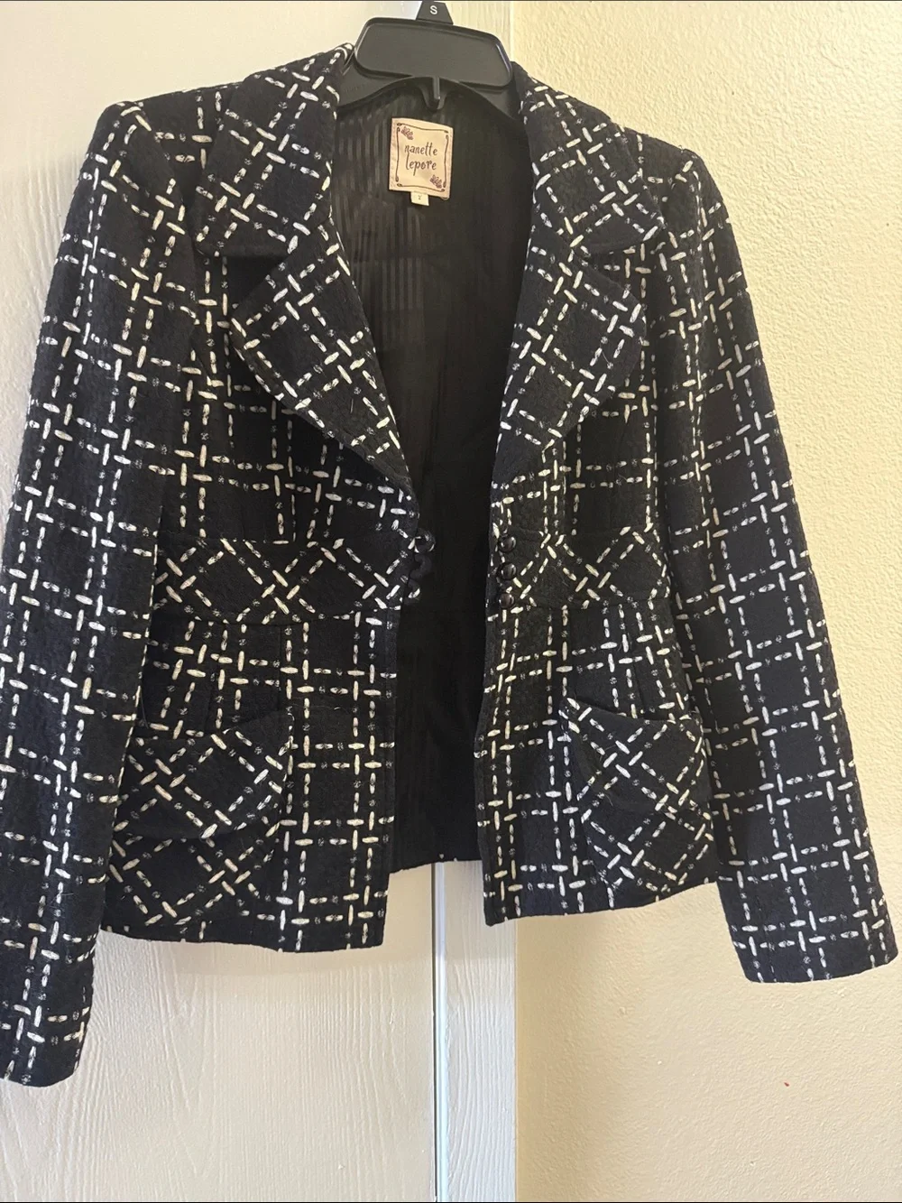 Nanette Lepore Black and White Check Tweed Blazer